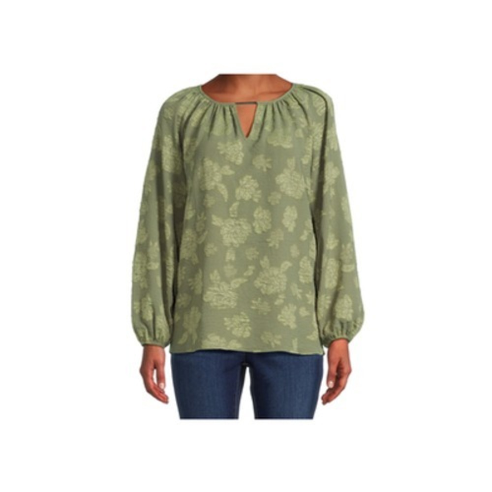 The Pioneer Woman Blouson Sleeve Blouse Keyhole Olive Green Floral  Size XL